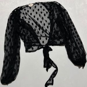 NEW BLACK POLKA DOT MESH SEE THROUGH TIE UP SHIRT LOW CLEAVAGE
